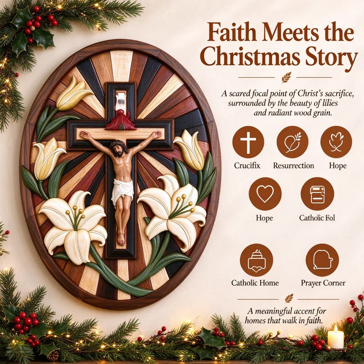 ✝️ Faith & Grace – Jesus Crucifix with White Lilies | Christian Wall Decor