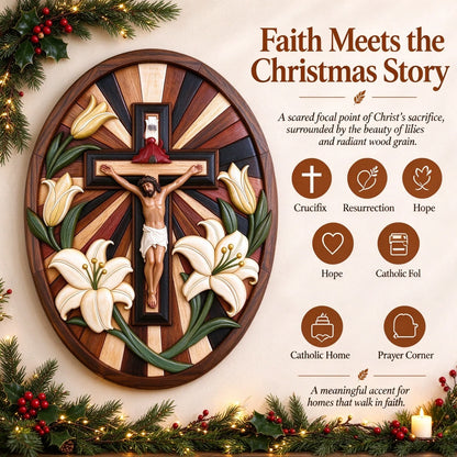 ✝️ Faith & Grace – Jesus Crucifix with White Lilies | Christian Wall Decor