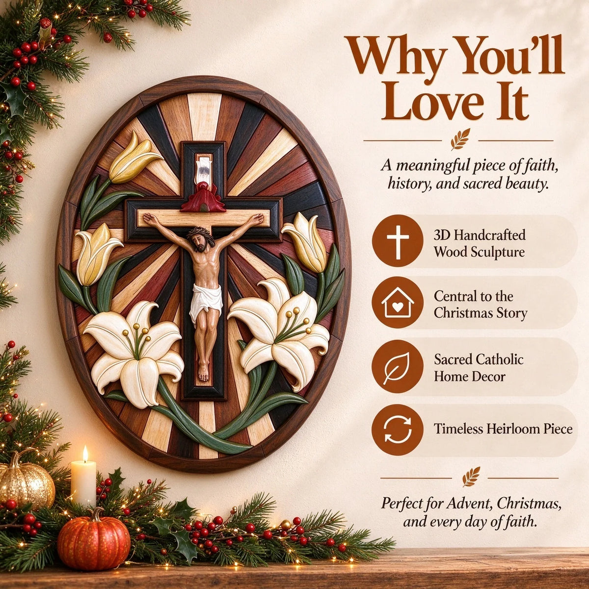 ✝️ Faith & Grace – Jesus Crucifix with White Lilies | Christian Wall Decor