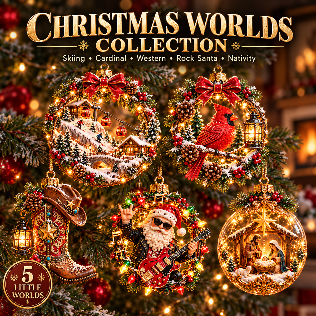 🎄✨ Christmas Worlds Collection – Skiing, Cardinal, Western, Rock Santa & Nativity 3D Tree Ornaments 🎁