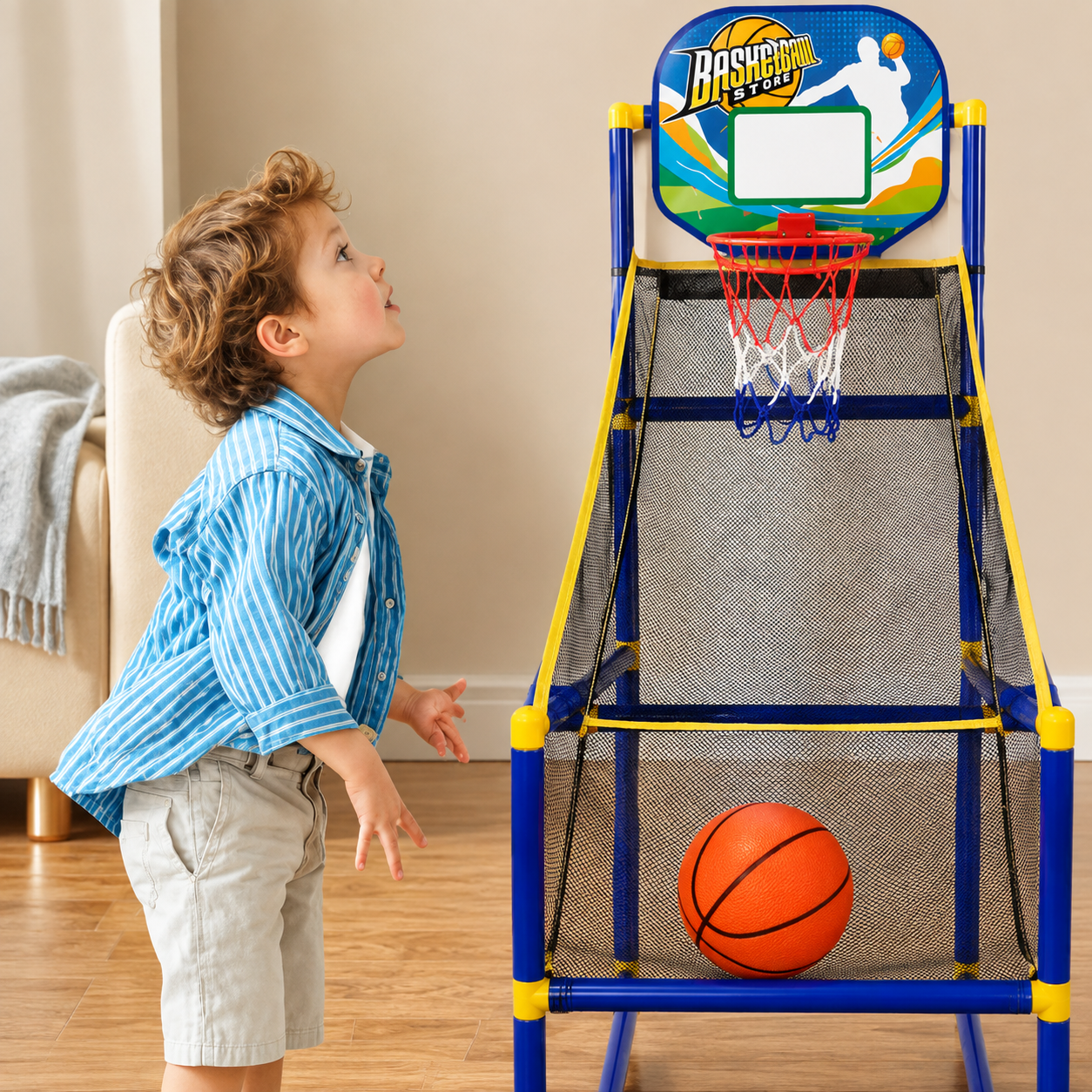 🏀 50% OFF! Kids‘ Indoor Basketball Arcade Game – Auto ball return, sturdy & safe. 4 balls + pump included. Quick setup, endless fun! 🧒💨