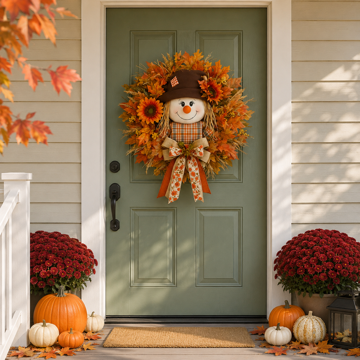 🍁 Lighted Scarecrow Fall Wreath – Rustic Autumn Front Door Decoration 🎃✨