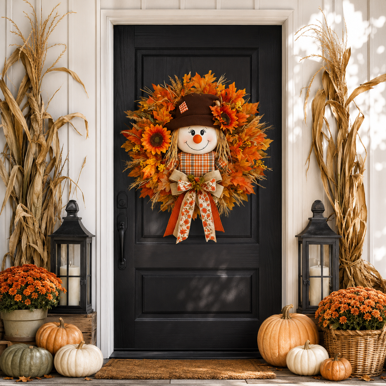 🍁 Lighted Scarecrow Fall Wreath – Rustic Autumn Front Door Decoration 🎃✨