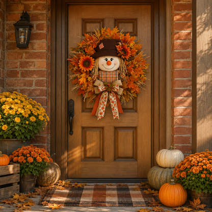 🍁 Lighted Scarecrow Fall Wreath – Rustic Autumn Front Door Decoration 🎃✨