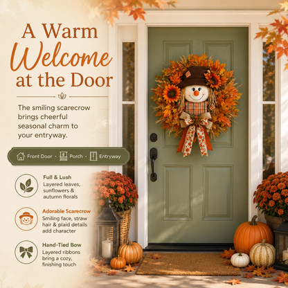 🍁 Lighted Scarecrow Fall Wreath – Rustic Autumn Front Door Decoration 🎃✨