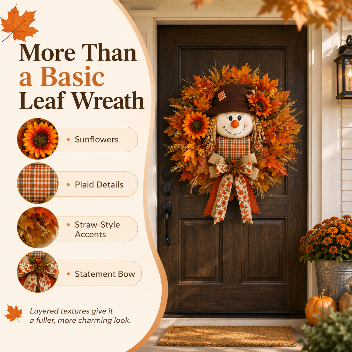 🍁 Lighted Scarecrow Fall Wreath – Rustic Autumn Front Door Decoration 🎃✨