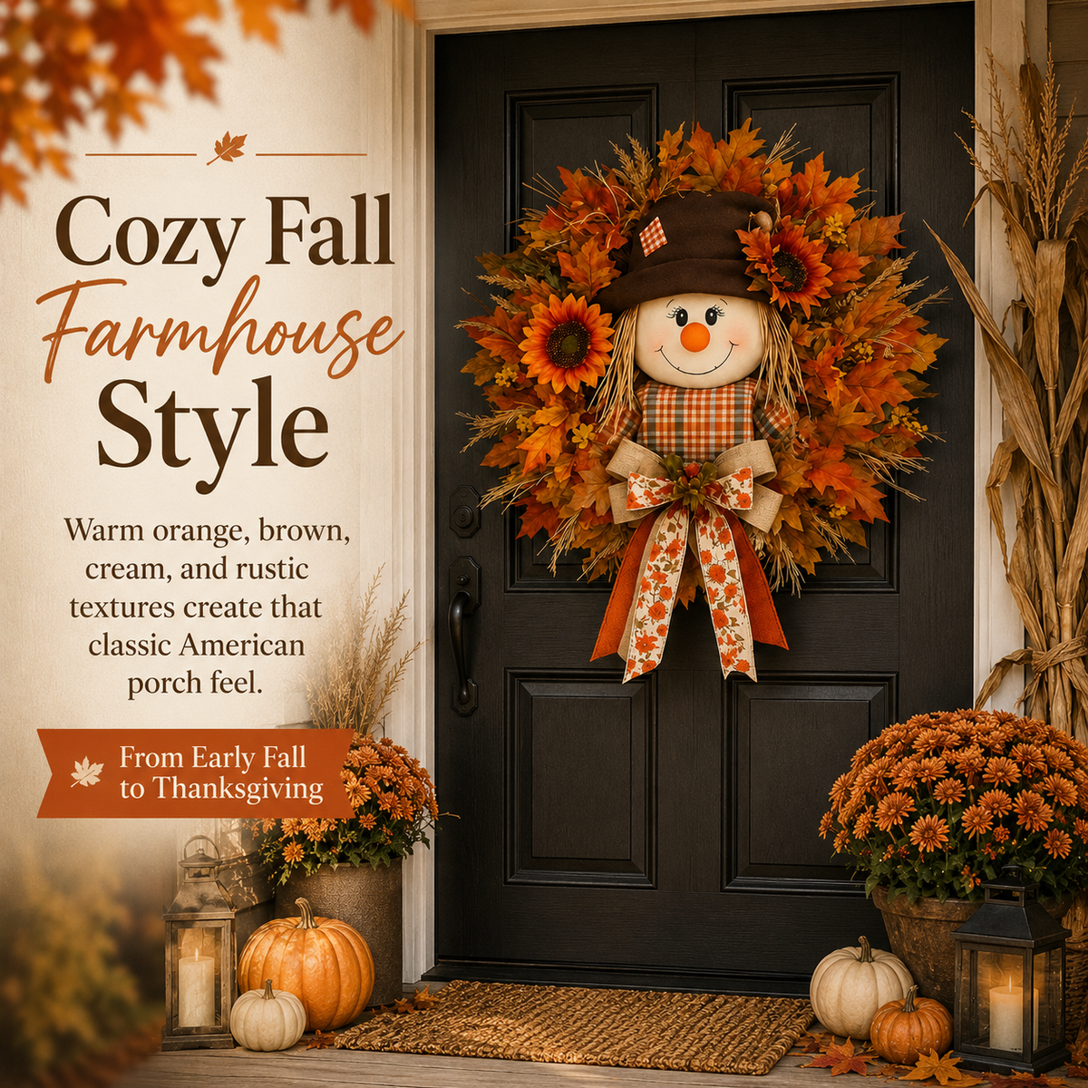 🍁 Lighted Scarecrow Fall Wreath – Rustic Autumn Front Door Decoration 🎃✨