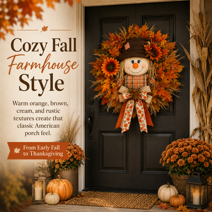 🍁 Lighted Scarecrow Fall Wreath – Rustic Autumn Front Door Decoration 🎃✨