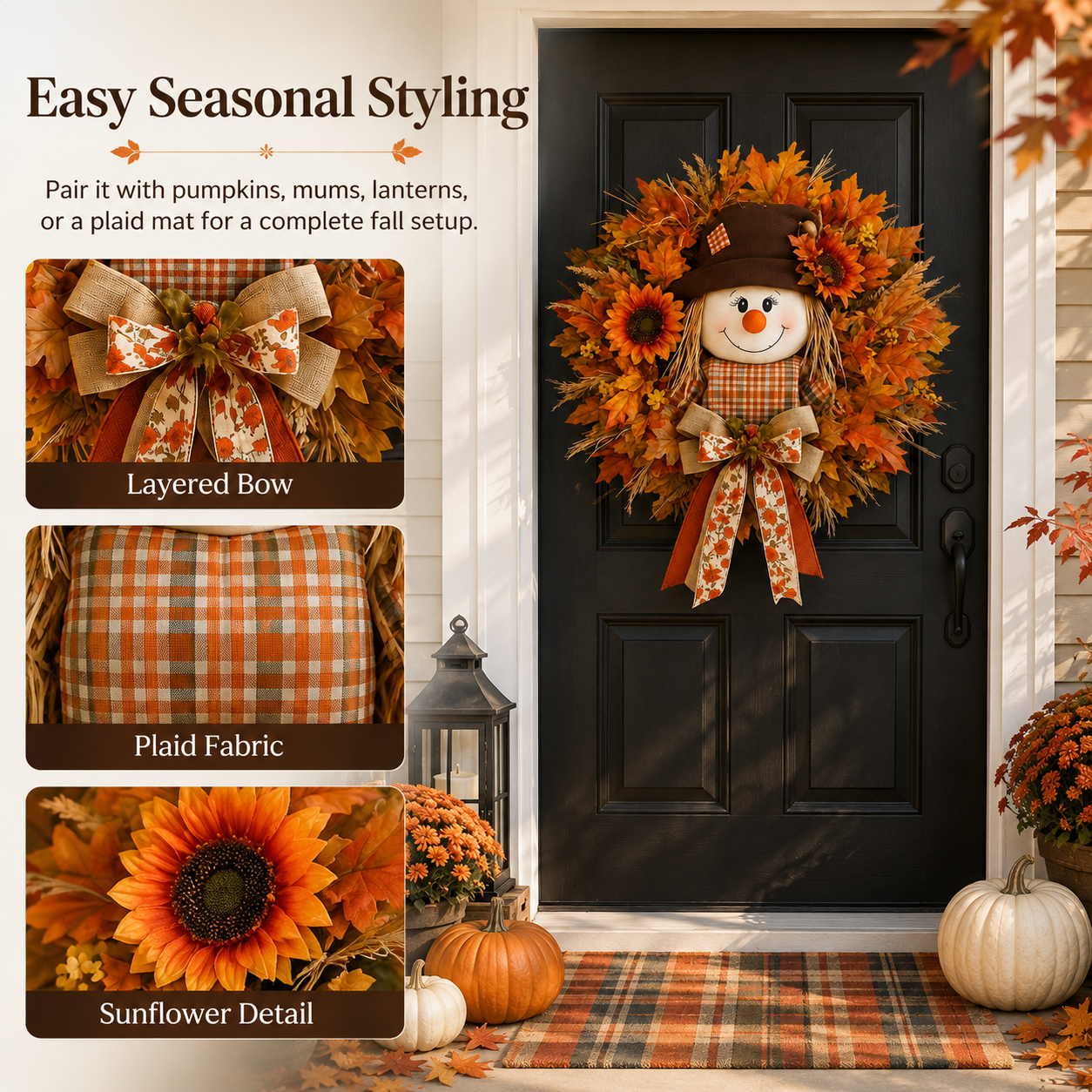 🍁 Lighted Scarecrow Fall Wreath – Rustic Autumn Front Door Decoration 🎃✨