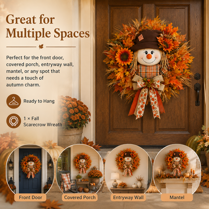 🍁 Lighted Scarecrow Fall Wreath – Rustic Autumn Front Door Decoration 🎃✨