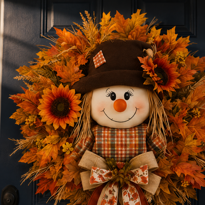 🍁 Lighted Scarecrow Fall Wreath – Rustic Autumn Front Door Decoration 🎃✨
