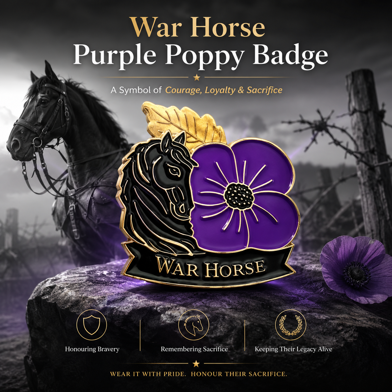 🎖️ War Horse Purple Poppy 111th Anniversary Brooch – Limited Edition Remembrance Pin