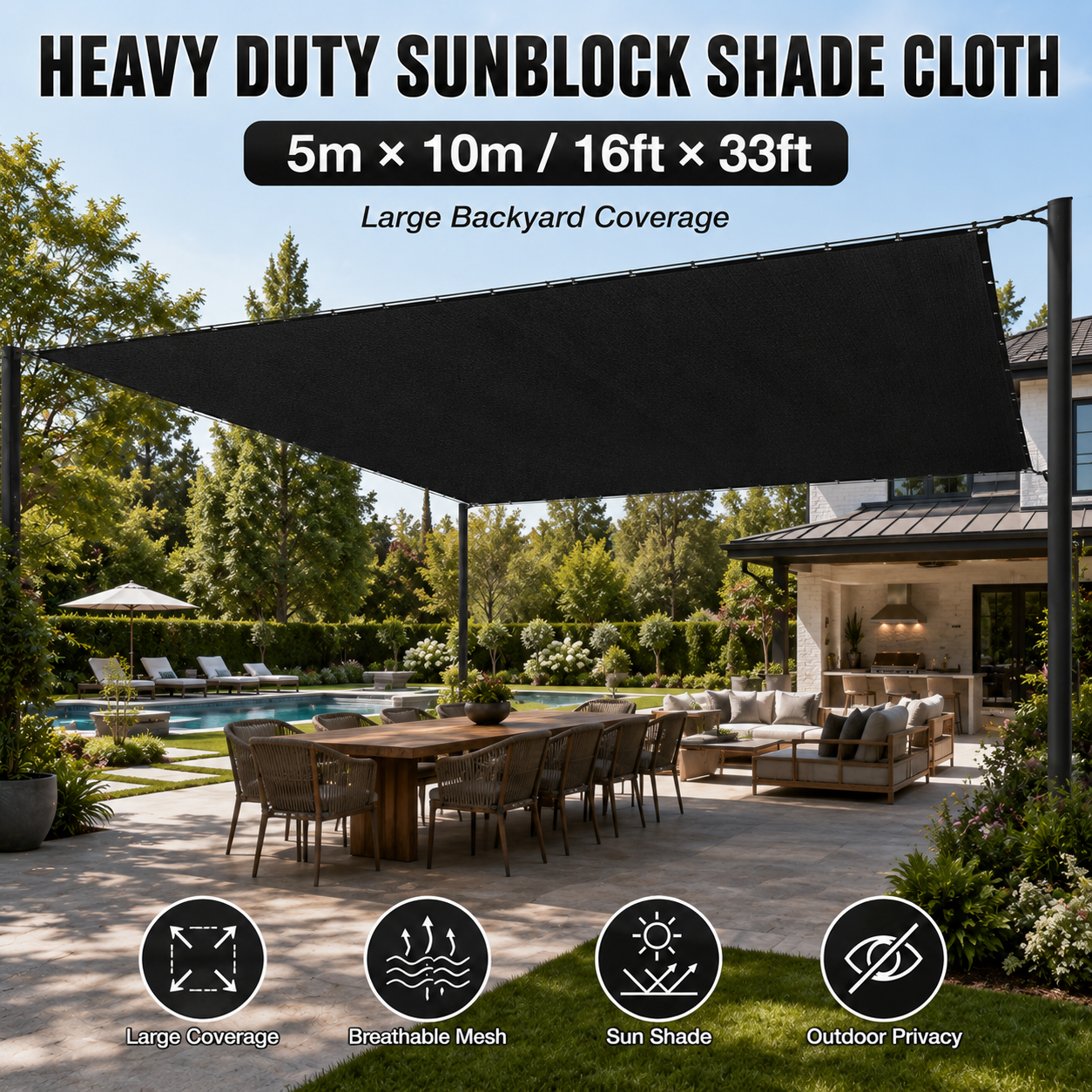 Heavy Duty Sunblock Shade Cloth for Patios, Gardens & Driveways