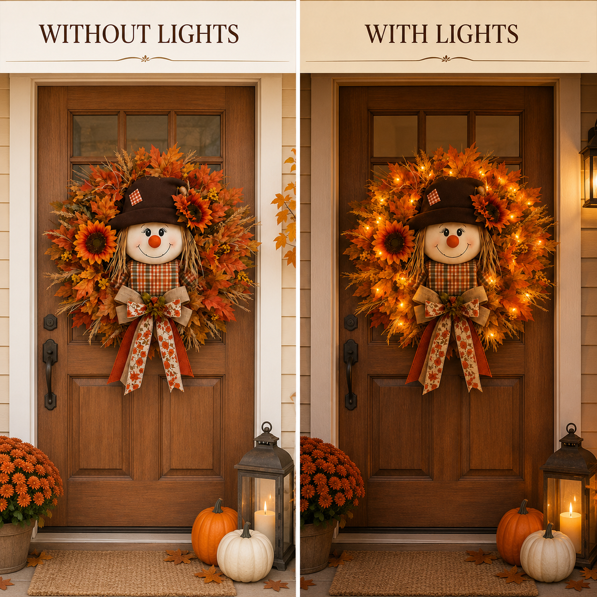🍁 Lighted Scarecrow Fall Wreath – Rustic Autumn Front Door Decoration 🎃✨