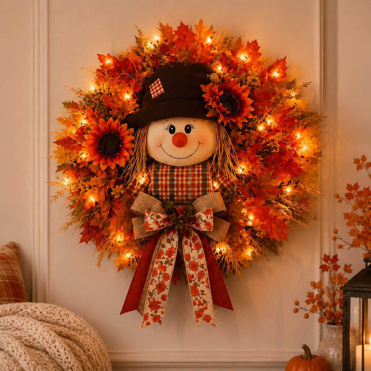 🍁 Lighted Scarecrow Fall Wreath – Rustic Autumn Front Door Decoration 🎃✨