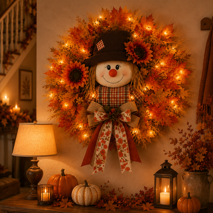 🍁 Lighted Scarecrow Fall Wreath – Rustic Autumn Front Door Decoration 🎃✨