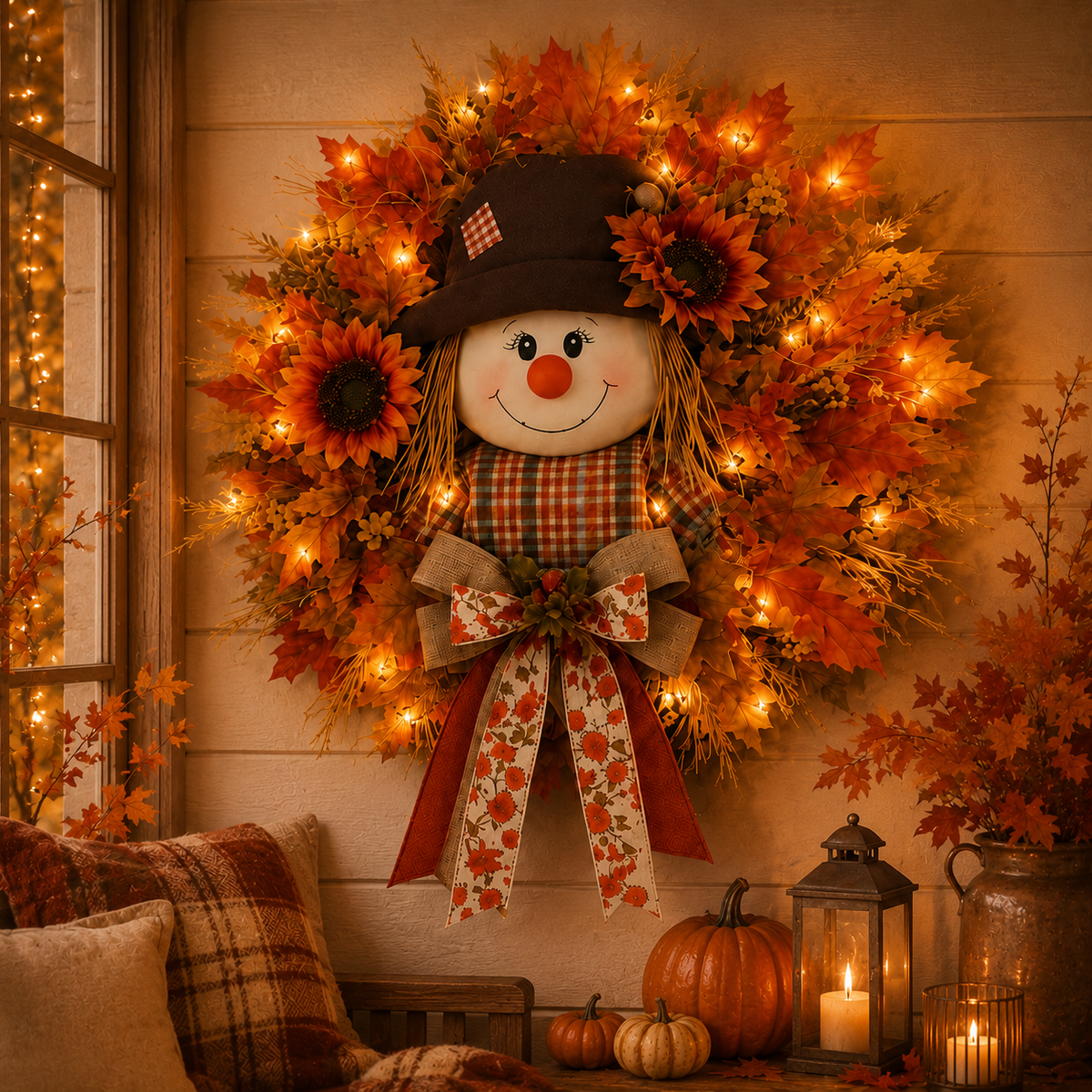 🍁 Lighted Scarecrow Fall Wreath – Rustic Autumn Front Door Decoration 🎃✨