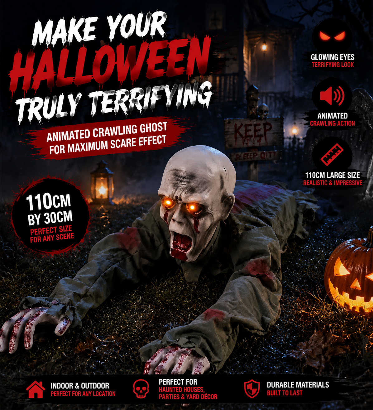 🎃 Limited-Time 50%OFF Halloween Sale | Animated Crawling Ghost with Glowing Eyes – 110cm Horror Decoration