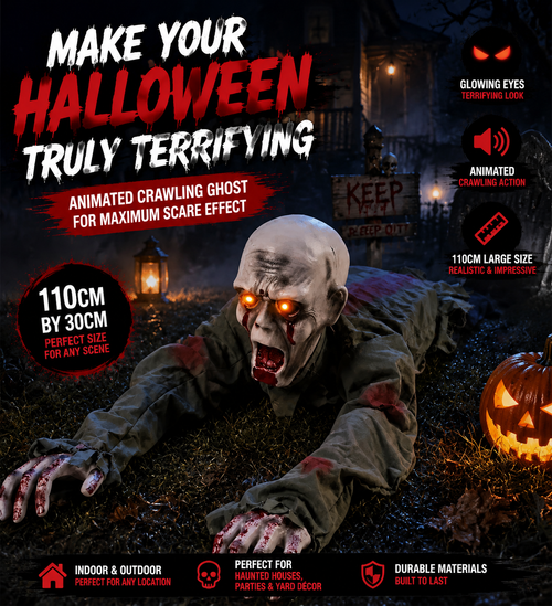 🎃 Limited-Time 50%OFF Halloween Sale | Animated Crawling Ghost with Glowing Eyes – 110cm Horror Decoration