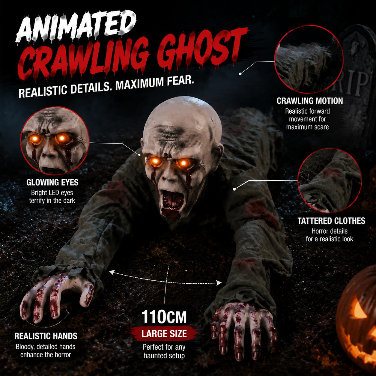 🎃 Limited-Time 50%OFF Halloween Sale | Animated Crawling Ghost with Glowing Eyes – 110cm Horror Decoration
