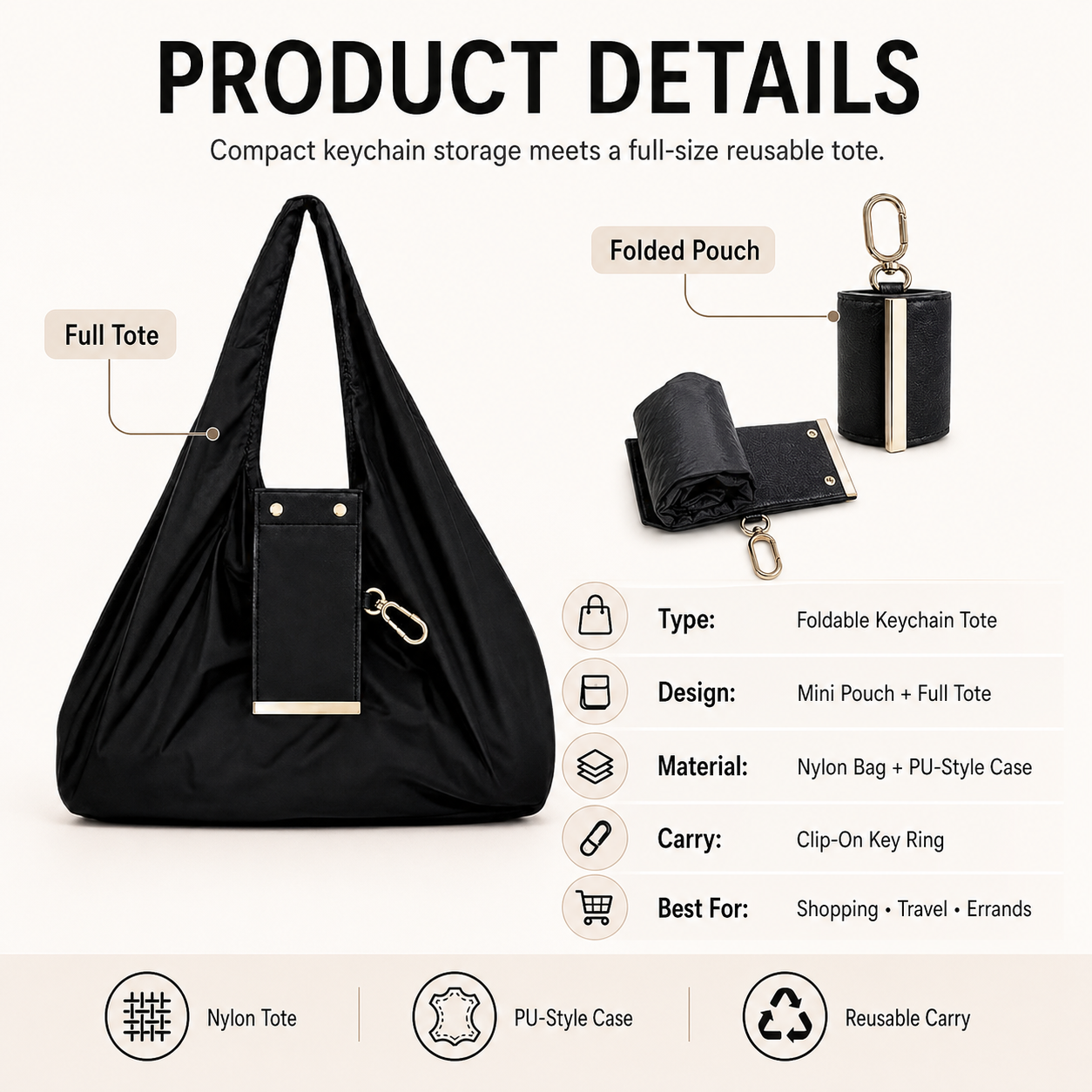 🔥🎁Foldable Keychain Storage Tote Bag for Women, Reusable Nylon Shopping Bag