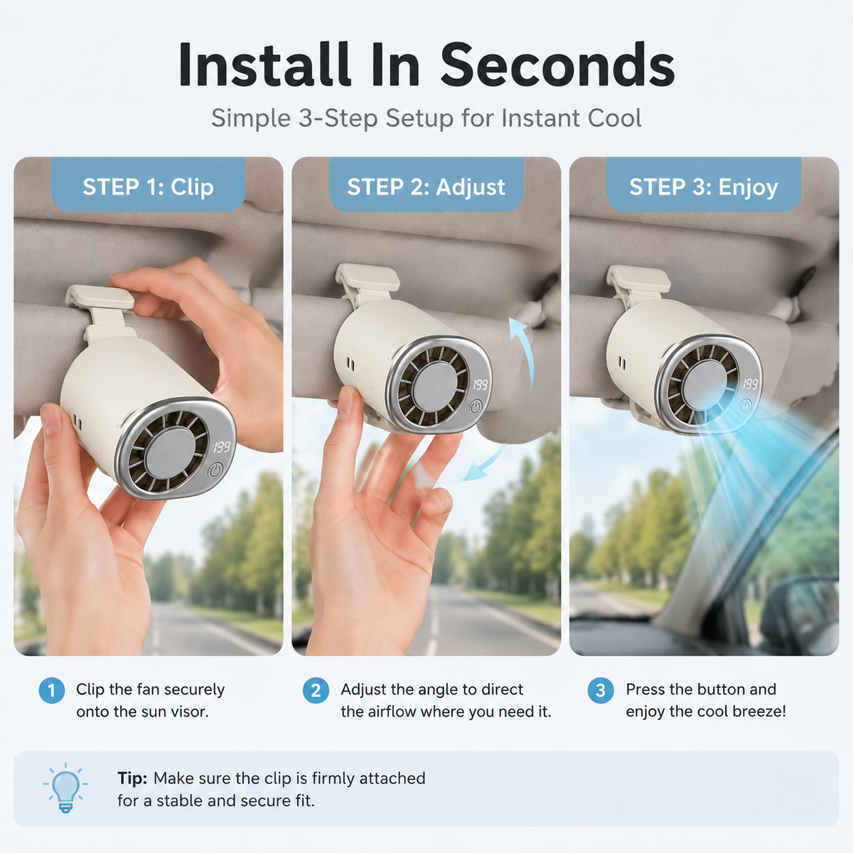 🚗 360° Rotating Car Vent Cooling Fan with LED Display – Adjustable Mini Air Circulator