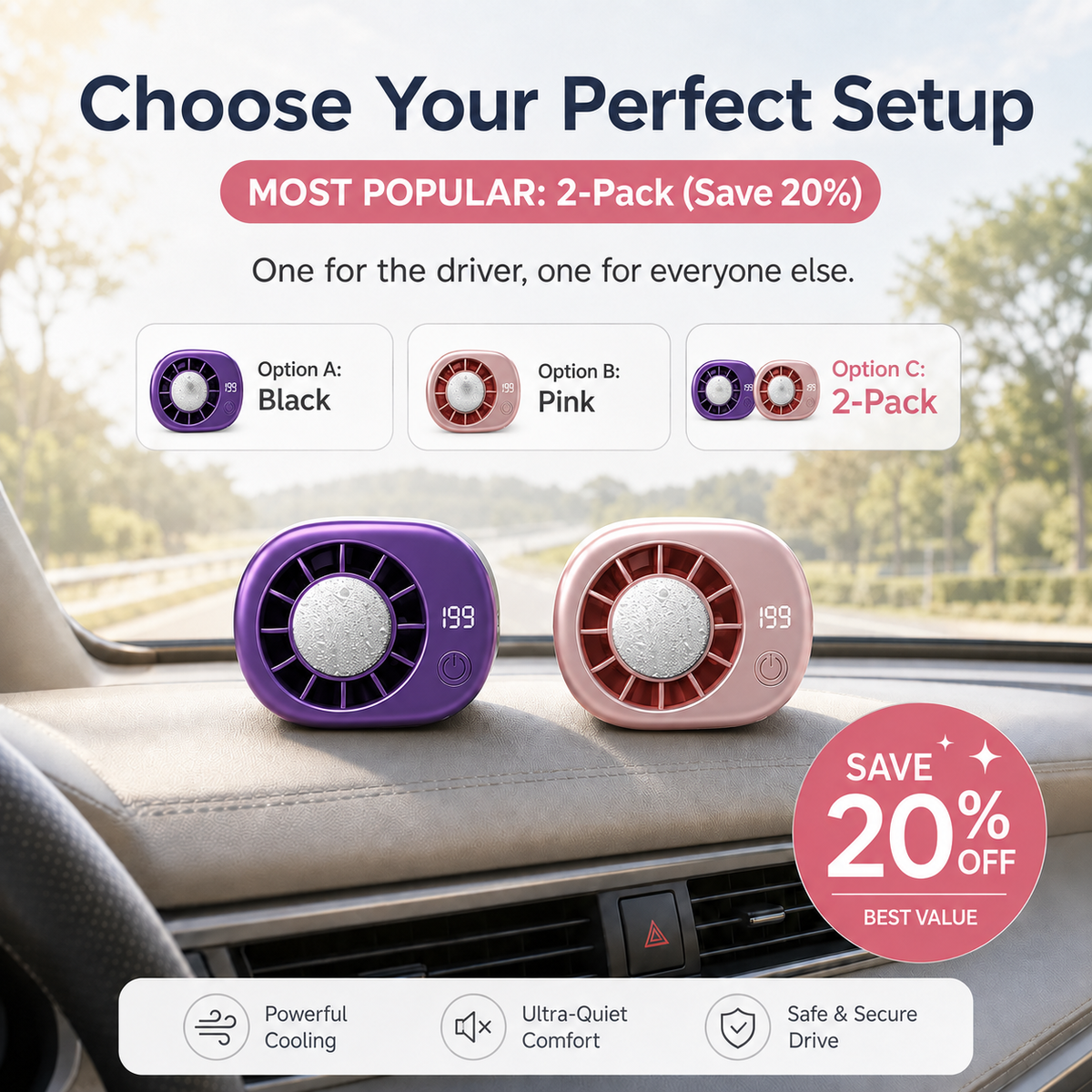 🚗 360° Rotating Car Vent Cooling Fan with LED Display – Adjustable Mini Air Circulator