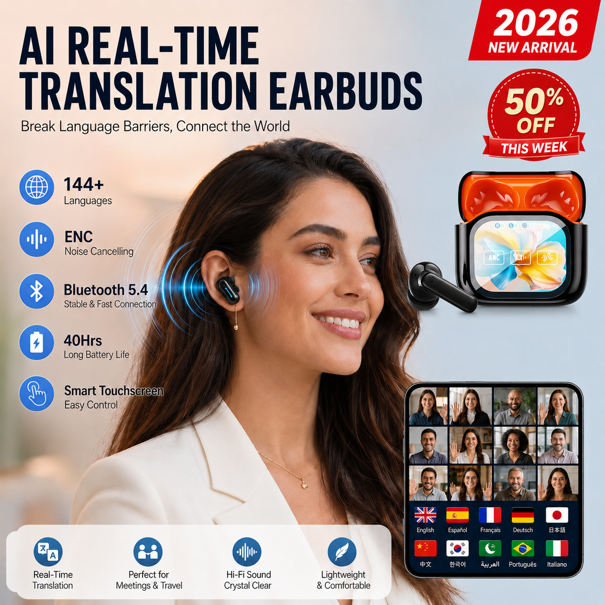 🔥LAST DAY 50% OFF 🌎2026 New Bluetooth Wireless Noise-Canceling Translation Earbuds