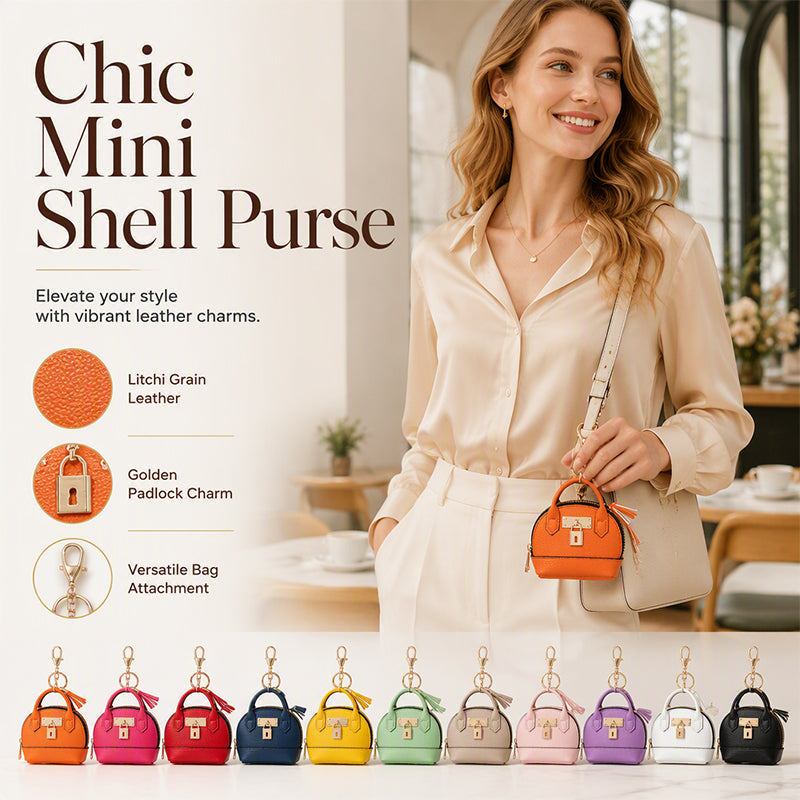 🐚 Mini Shell Bag Keychain – PU Leather Lipstick Coin Purse with Golden Padlock & Tassel ✨