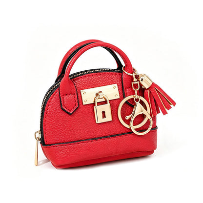 🐚 Mini Shell Bag Keychain – PU Leather Lipstick Coin Purse with Golden Padlock & Tassel ✨