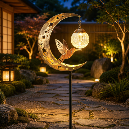 Moon & Hummingbird Garden Stake Light