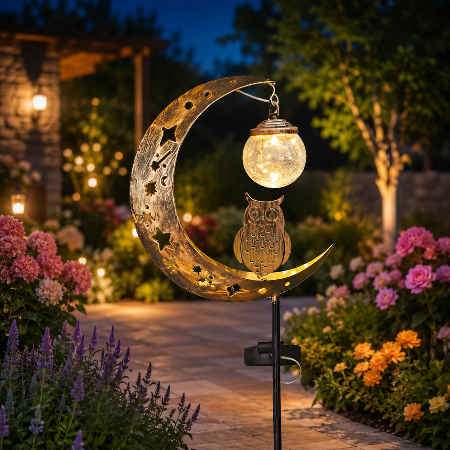 Moon & Hummingbird Garden Stake Light