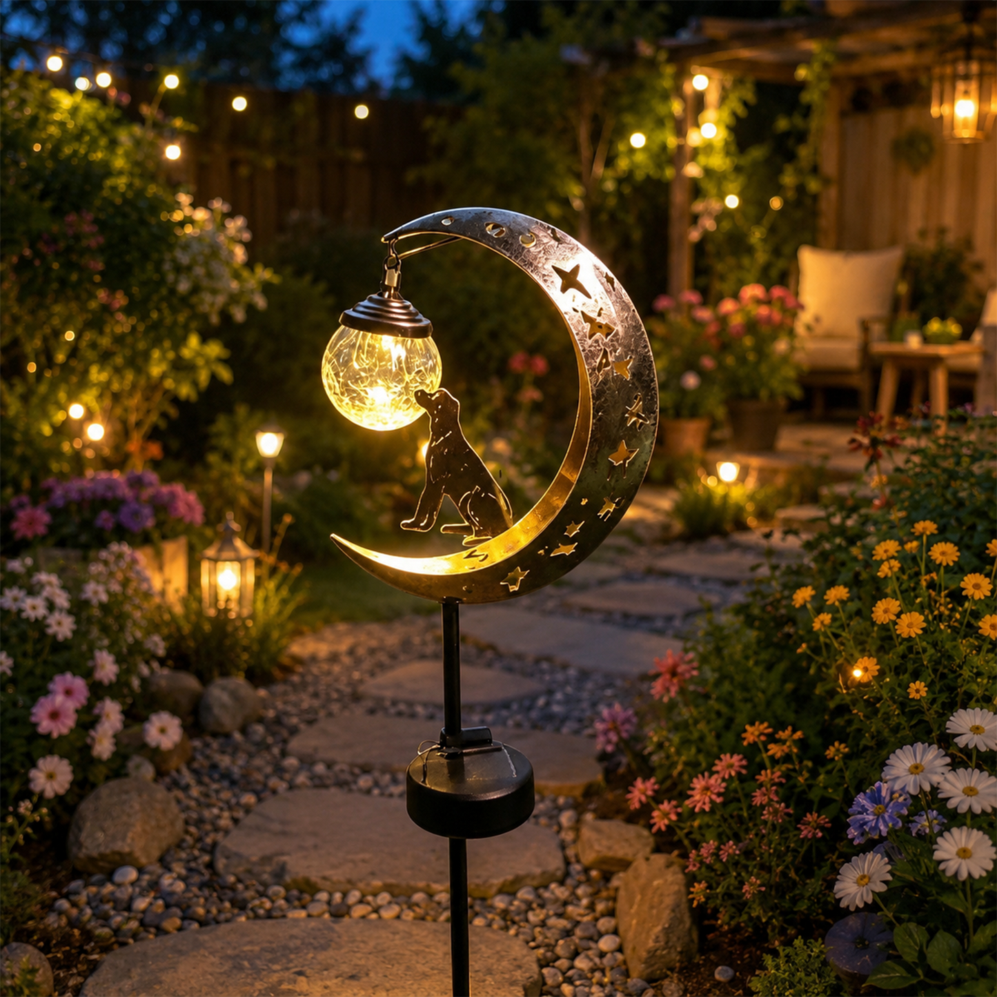 Moon & Hummingbird Garden Stake Light