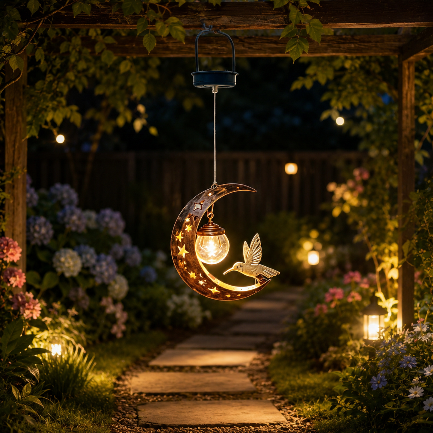 Moon & Hummingbird Garden Stake Light