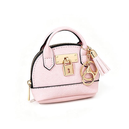 🐚 Mini Shell Bag Keychain – PU Leather Lipstick Coin Purse with Golden Padlock & Tassel ✨