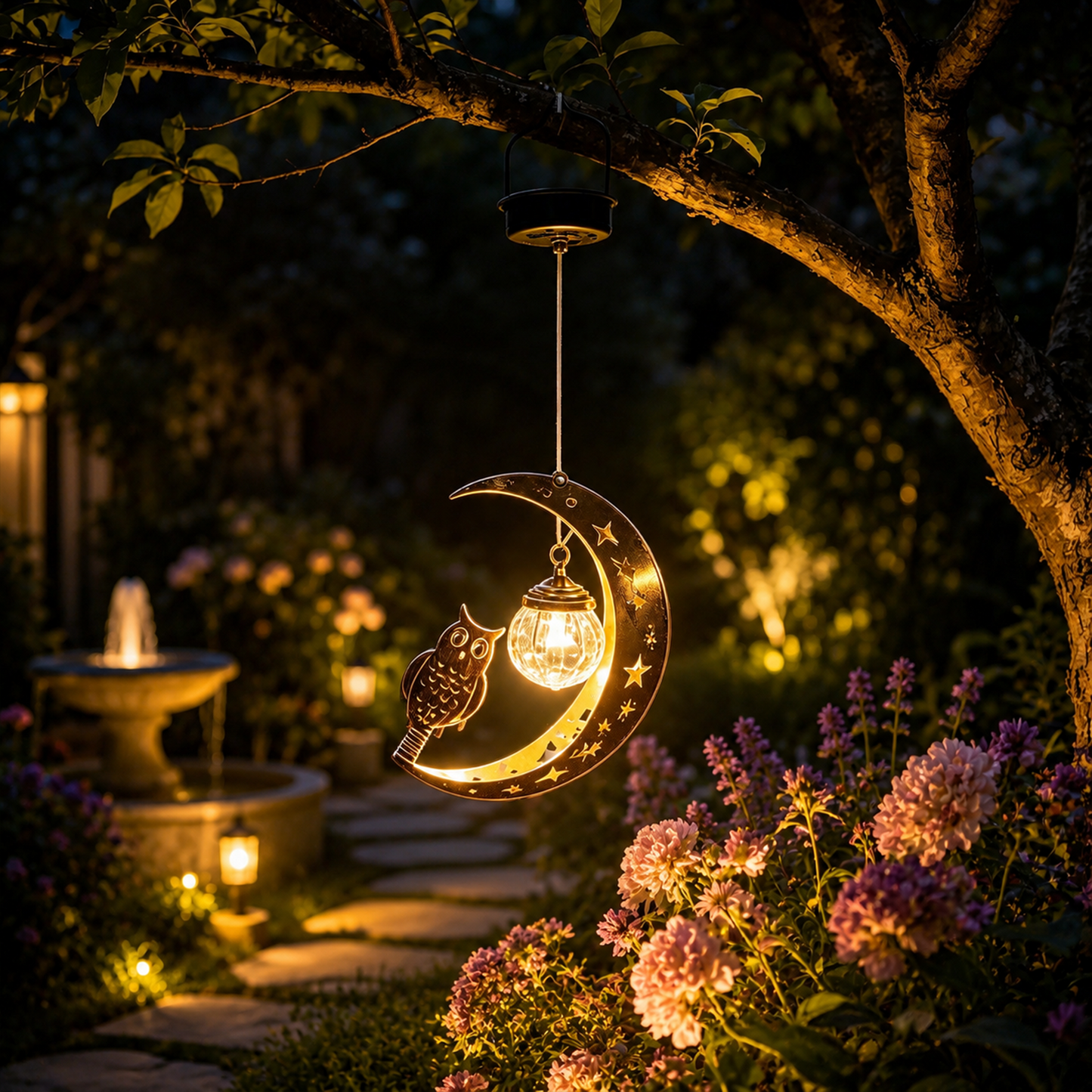 Moon & Hummingbird Garden Stake Light