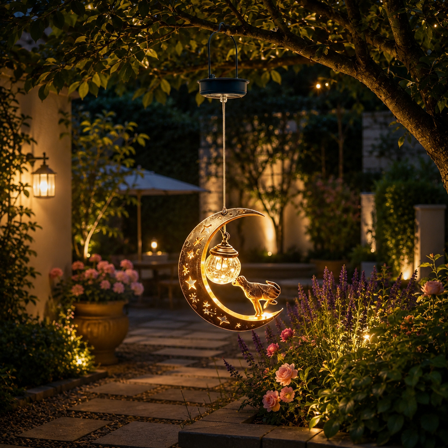 Moon & Hummingbird Garden Stake Light