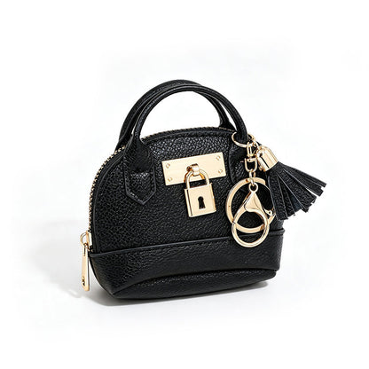 🐚 Mini Shell Bag Keychain – PU Leather Lipstick Coin Purse with Golden Padlock & Tassel ✨