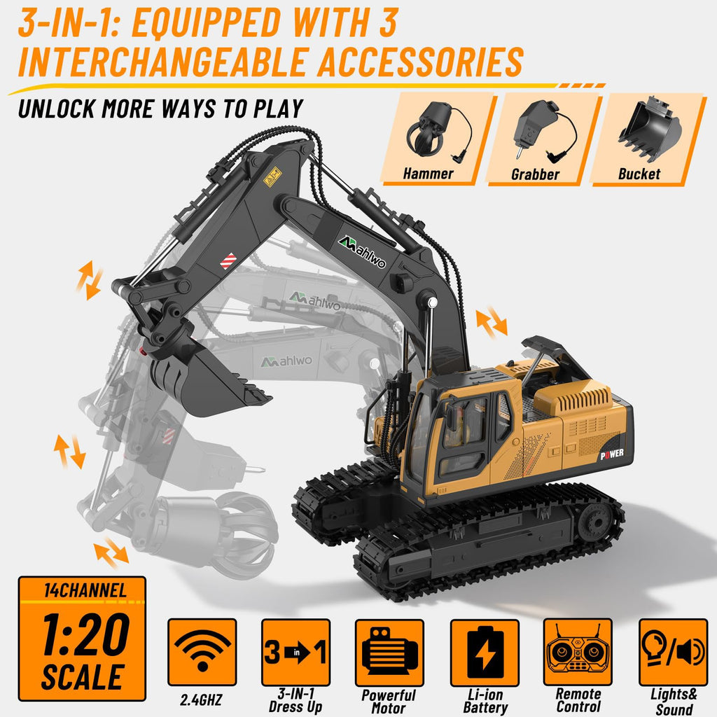 Limited-Time 49% OFF & Free Shipping! 3 in 1 Remote Control Excavator Toy with Metal Bucket/Claw/Drill