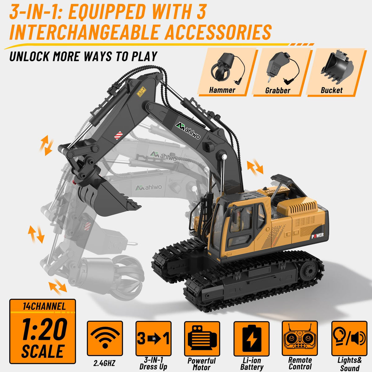 Limited-Time 49% OFF & Free Shipping! 3 in 1 Remote Control Excavator Toy with Metal Bucket/Claw/Drill
