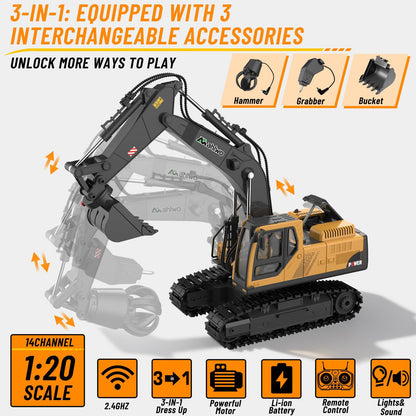 Limited-Time 49% OFF & Free Shipping! 3 in 1 Remote Control Excavator Toy with Metal Bucket/Claw/Drill