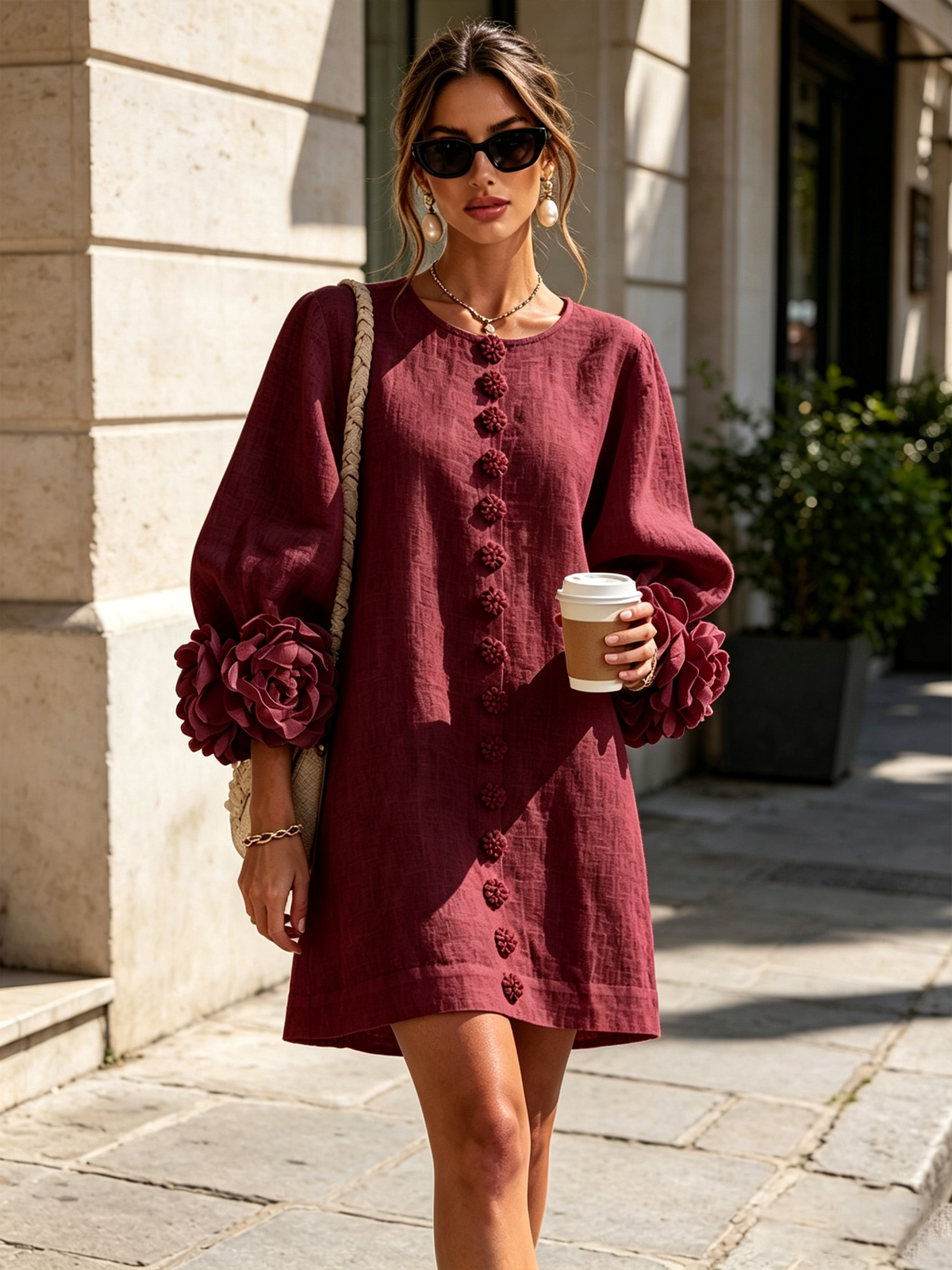 🌸 Minivestido Branco com Botões e Punhos Florais de Destaque