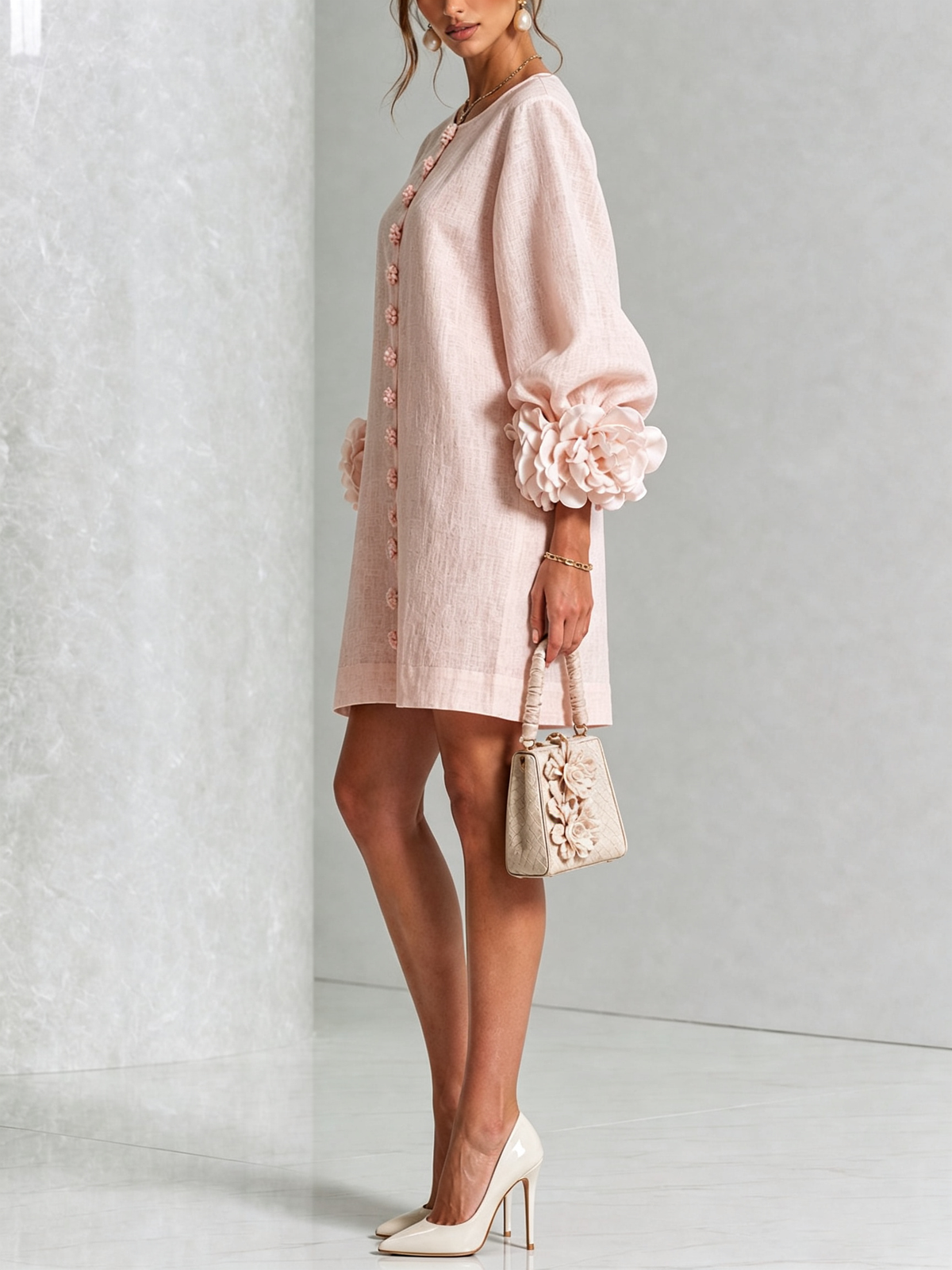 🌸 Minivestido Branco com Botões e Punhos Florais de Destaque