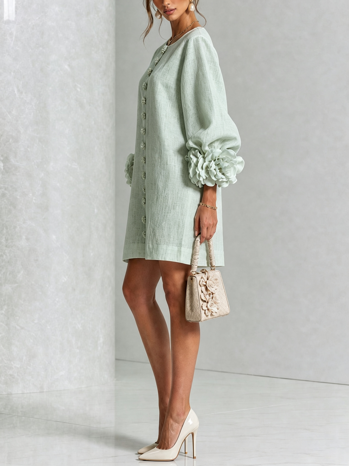 🌸 Minivestido Branco com Botões e Punhos Florais de Destaque