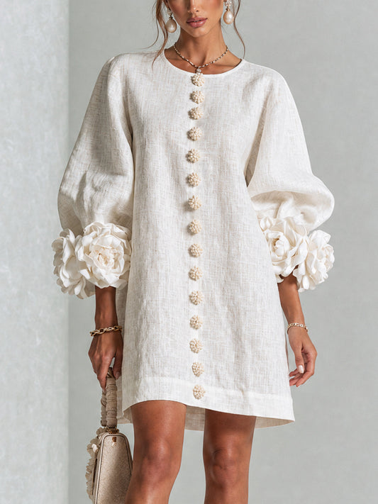 🌸 White Floral Button-Down Mini Dress with Statement Floral Cuffs
