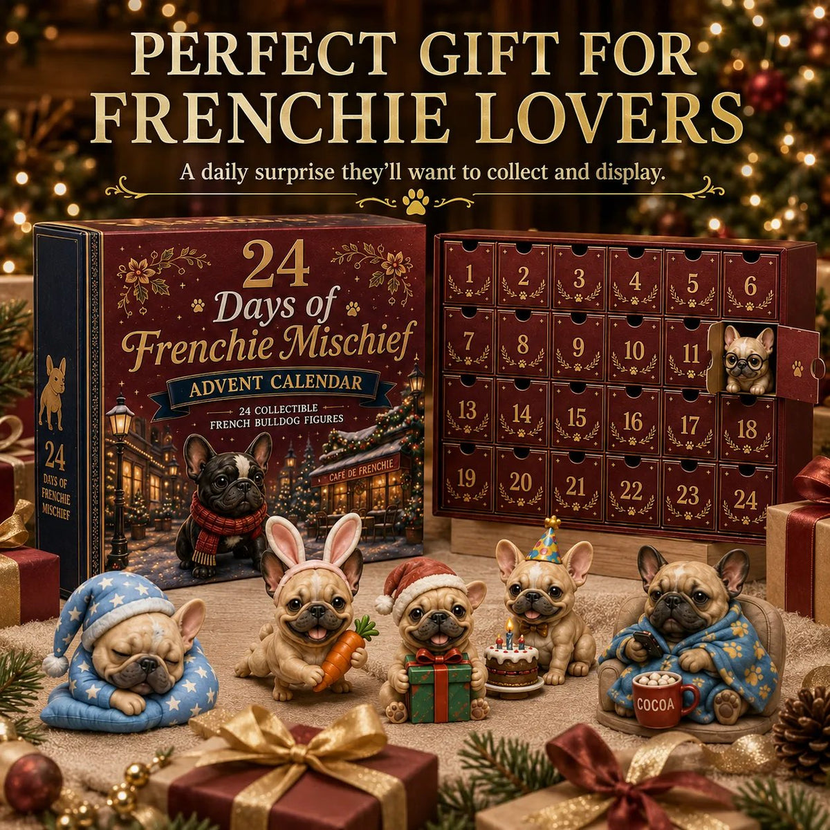 🐶 24-Day French Bulldog Christmas Advent Calendar-24 Unique Collectible Frenchie Characters with Different Outfits🎄✨