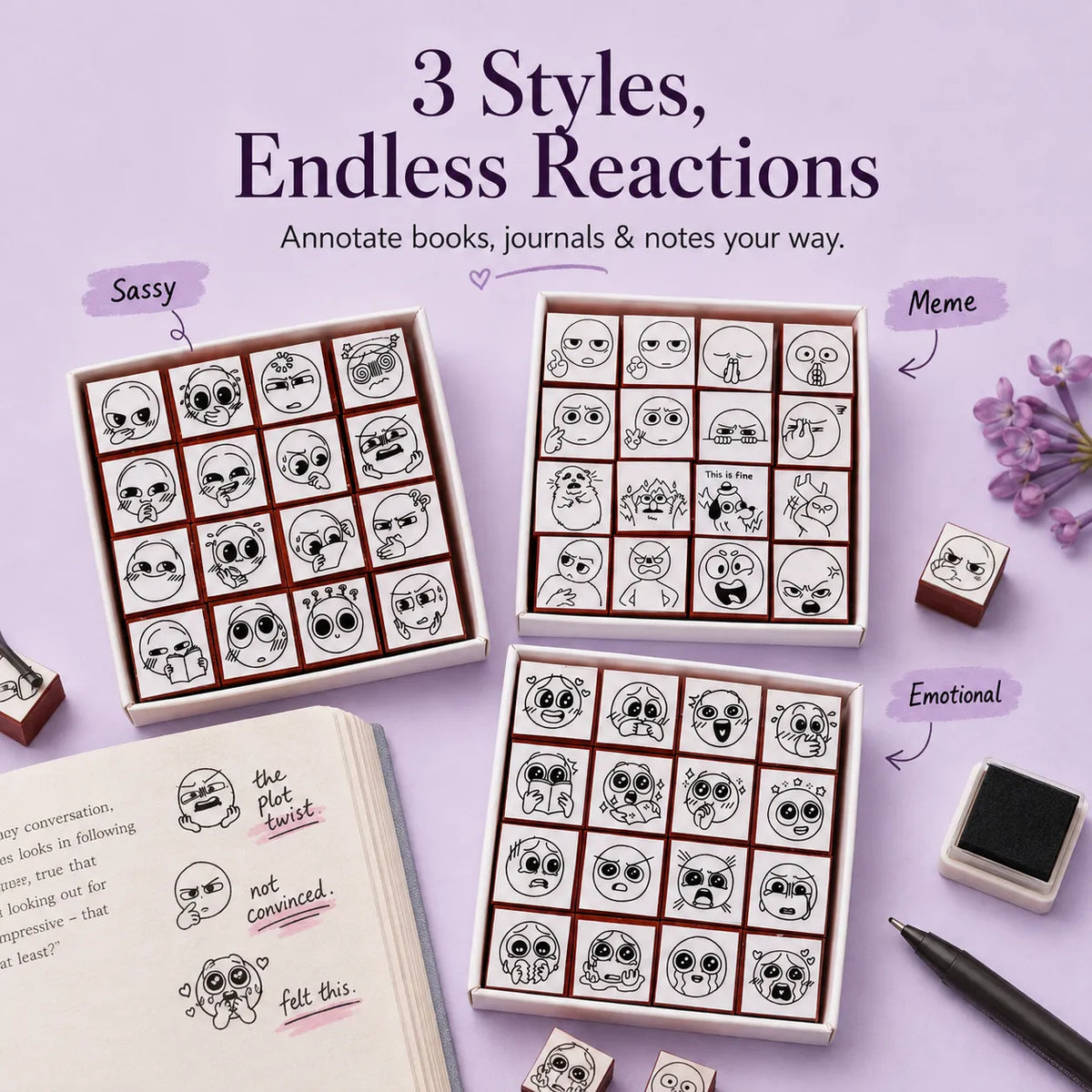 📚 Expression Reaction Stamp Set – Cute Book Annotation Stamps for Readers & Journaling