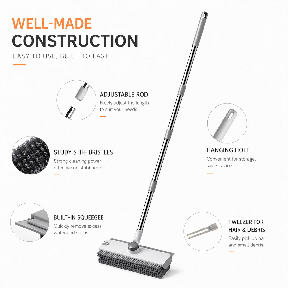 3-in-1 Long Handle Floor Scrub Brush – Scrub, Reach & Squeegee