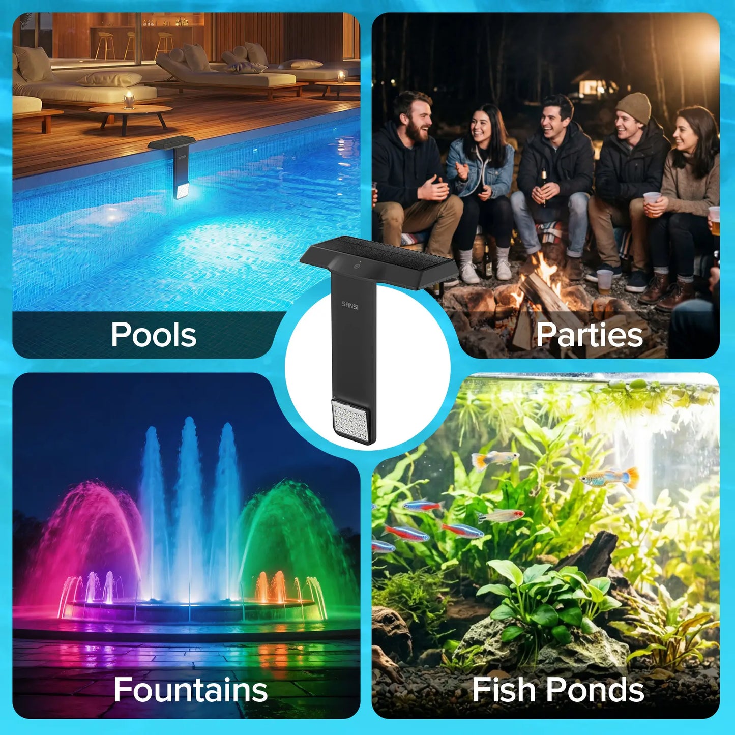 SANSI Solar Pool Light – 20 RGB Colors, IP68 Waterproof, Magnetic Mount