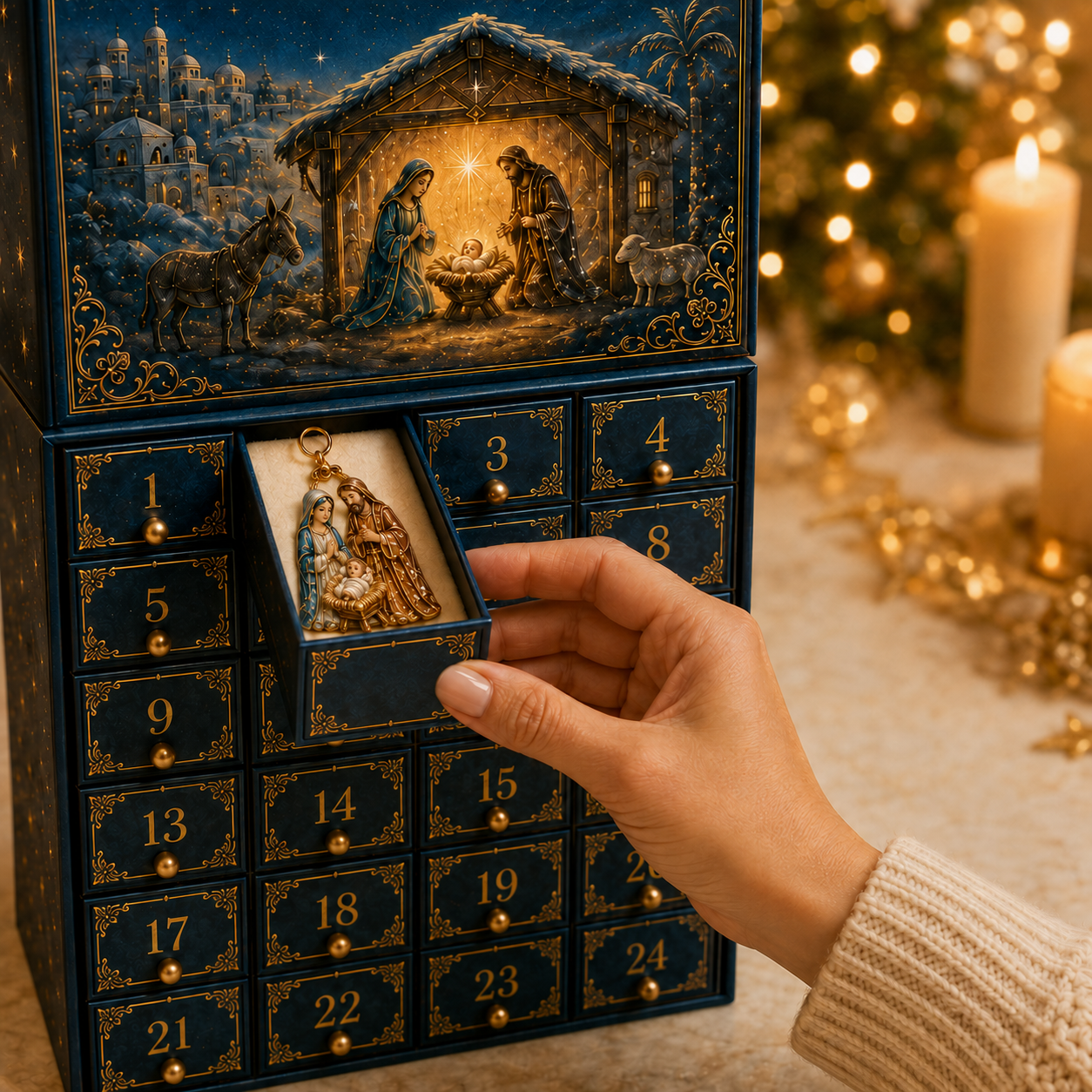 Opening a numbered drawer in the Nativity Advent Calendar